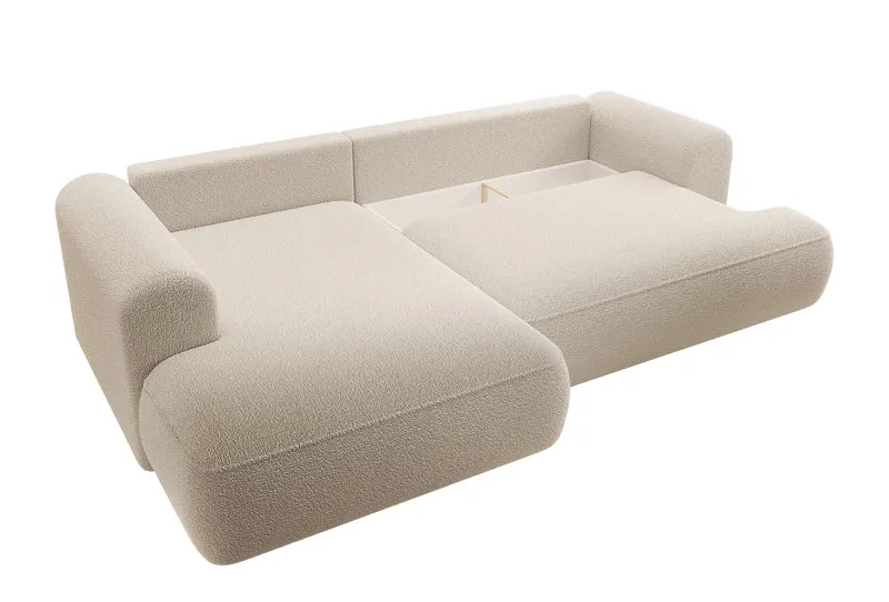 Ecksofa mit Schlaffunktion Ovo, L-förmig, mit Armlehne und Stauraum, beige Bouclé, linksseitig