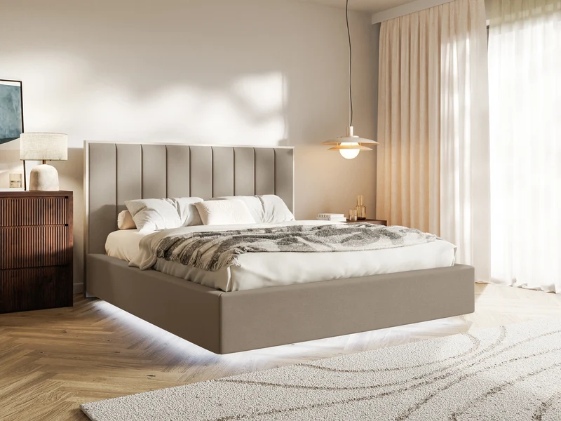 Gepolstertes Bett 140x200 cm Togents mit LED-Beleuchtung, brauner Velours, wasserabweisend