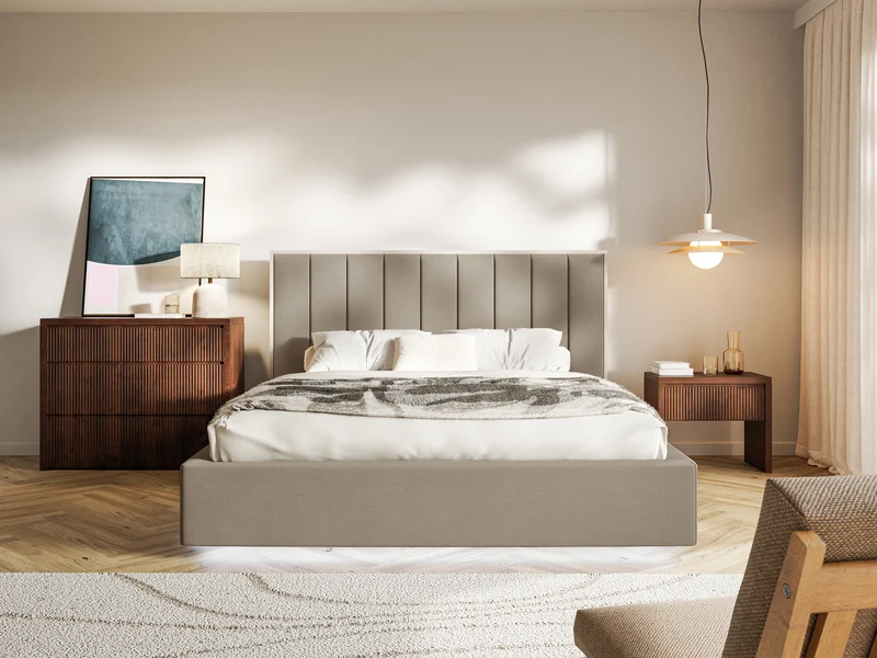 Gepolstertes Bett 140x200 cm Togents mit LED-Beleuchtung, brauner Velours, wasserabweisend