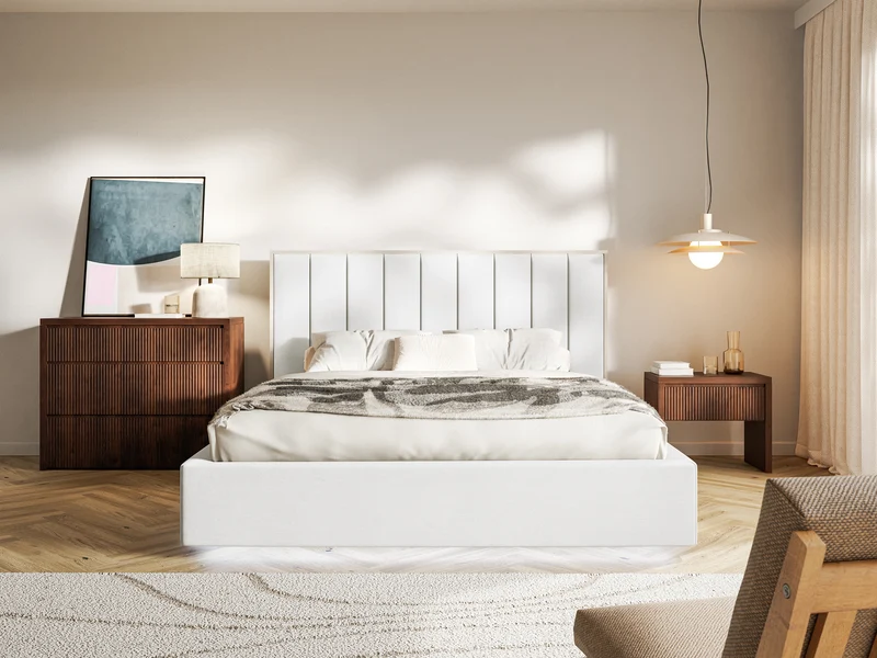 Polsterbett 140x200 cm Togents mit Stauraum und LED-Beleuchtung, Metallrahmen, weißer wasserabweisender Samt