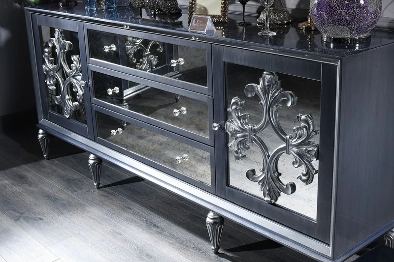 Casa Padrino Luxus Barock Wohnzimmer Set Grau / Blau / Silber - Kommode und 3 Spiegel - Barock Wohnzimmermöbel