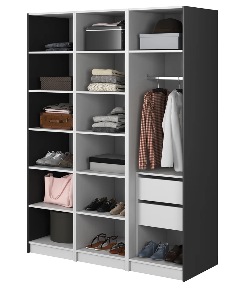 Drehtürenschrank Frame mit Kleiderstange, Regalen und Container 150 cm Schwarz