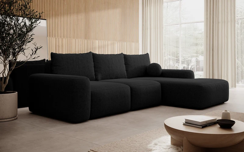 Ecksofa mit Schlaffunktion Carnos, L-förmig mit Ball, einzelne Kissen, schwarzer hydrophober Chenille-Stoff, rechtsseitig
