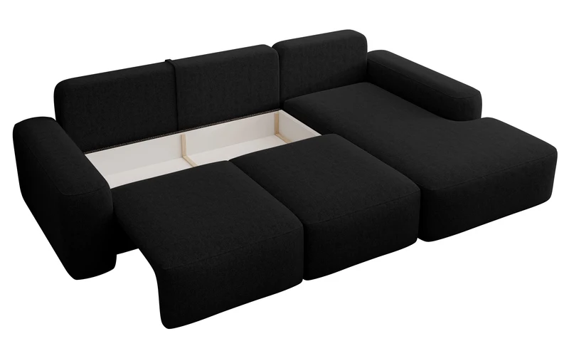 Ecksofa mit Schlaffunktion Carnos, L-förmig mit Ball, einzelne Kissen, schwarzer hydrophober Chenille-Stoff, rechtsseitig