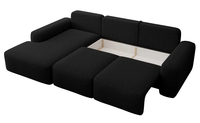 Ecksofa mit Schlafunktion Carnos L-förmig mit Ball, einzelne Kissen, schwarzer hydrophober Chenille, linksseitig