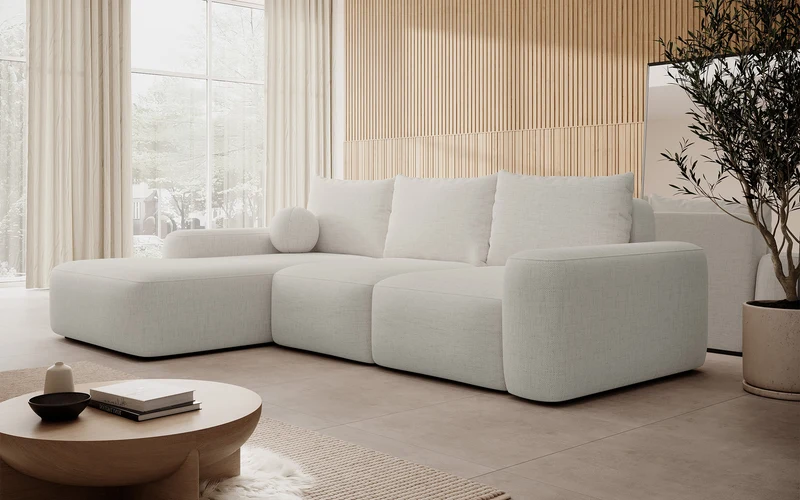 Ecksofa mit Schlaffunktion Carnos, L-förmig mit Ball, einzelne Kissen, cremefarbener hydrophober Chenille, linksseitig