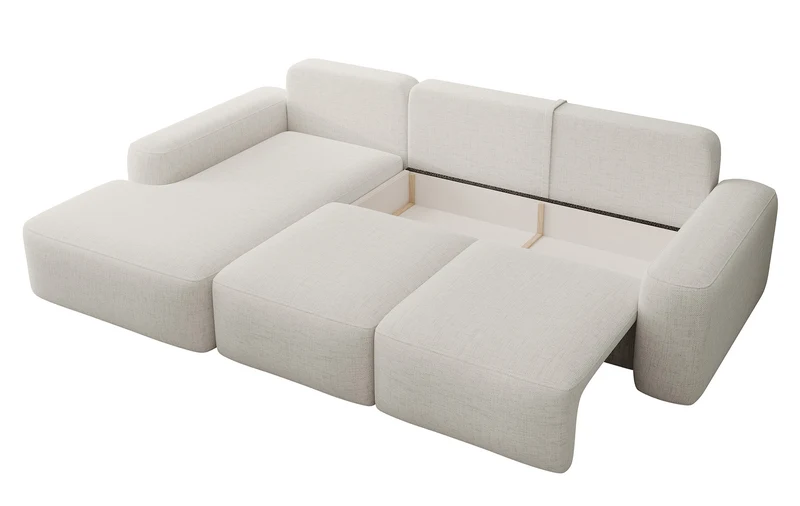 Ecksofa mit Schlaffunktion Carnos, L-förmig mit Ball, einzelne Kissen, cremefarbener hydrophober Chenille, linksseitig