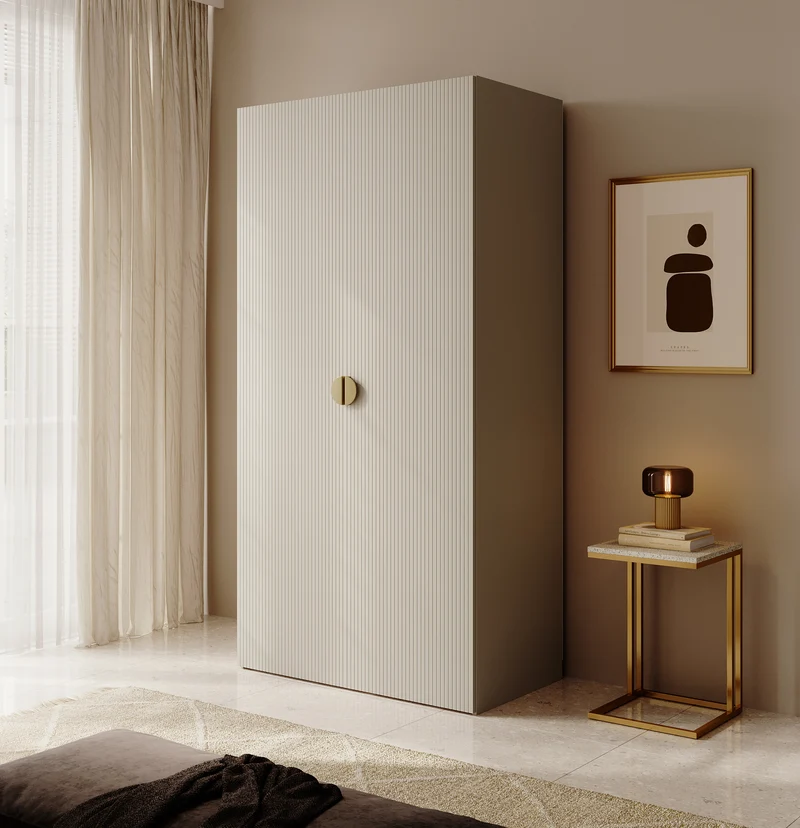 Zweiflügeliger Kleiderschrank Moonir mit Kleiderstange und Regalen, 100 cm, Grau-Beige
