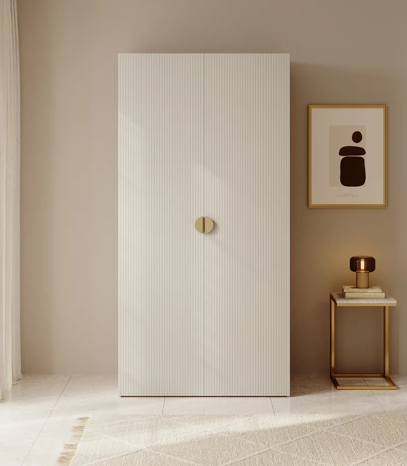 Zweiflügeliger Kleiderschrank Moonir mit Kleiderstange und Regalen, 100 cm, Grau-Beige
