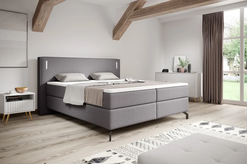 Kontinentales Bett Lanko 140x200 cm mit Topper und Beleuchtung, grauer Samt