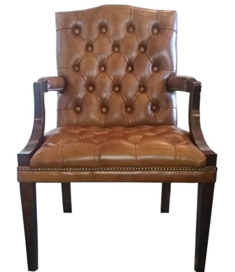 Casa Padrino Echtleder Esszimmerstuhl mit Armlehnen Braun / Dunkelbraun 60 x 60 x H. 100 cm - Chesterfield Möbel