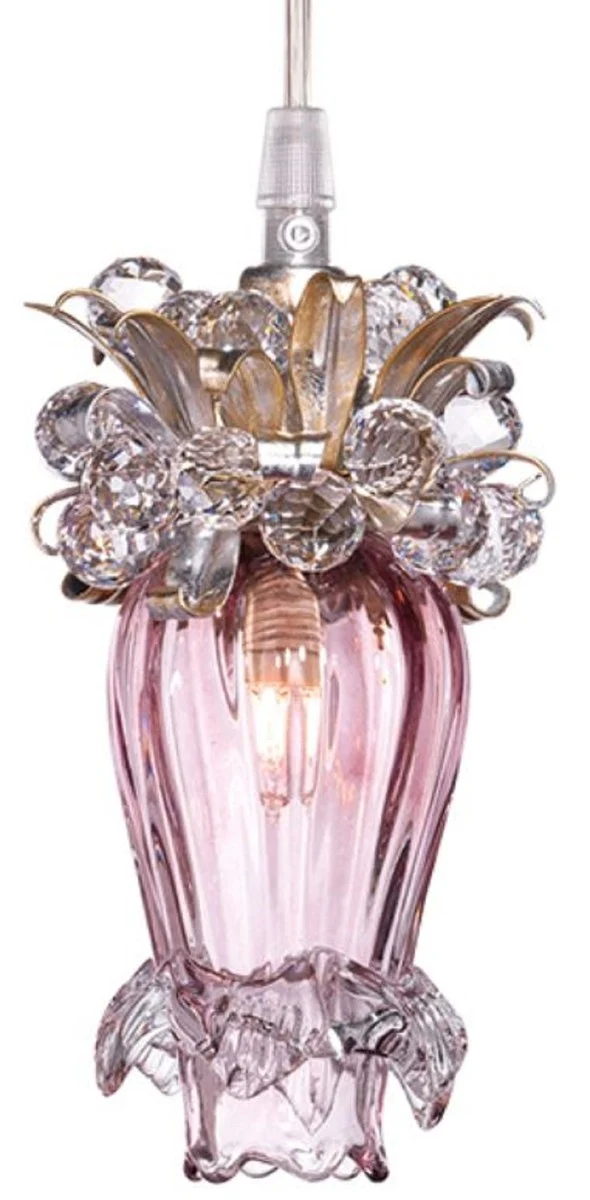 Casa Padrino Luxus LED Kronleuchter Violett / Silber / Gold Ø 10 x H. 19 cm - Moderner Glas Kronleuchter mit Swarovski Kristallglas - Luxus Qualität