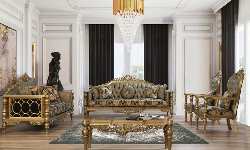 Casa Padrino Luxus Barock Wohnzimmer Set Grün / Gold - 2 Sofas & 2 Sessel & 1 Couchtisch - Wohnzimmer Möbel im Barockstil - Edel & Prunkvoll