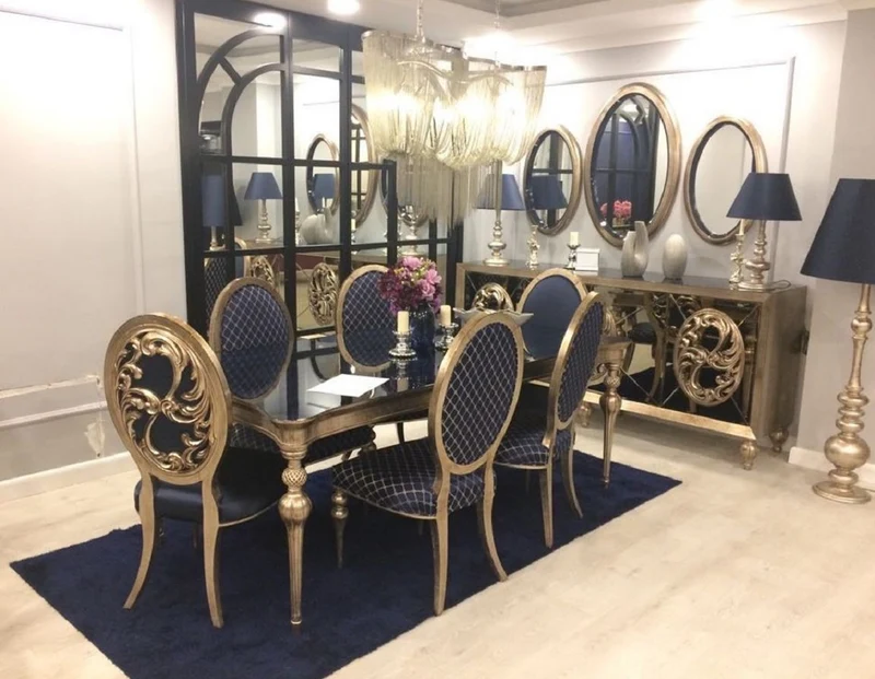 Casa Padrino Luxus Barock Esszimmer Set Blau / Antik Gold - 1 Esszimmertisch & 6 Esszimmerstühle - Barock Esszimmer Möbel - Edel & Prunkvoll