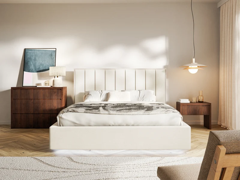 Polsterbett 140x200 cm Togents mit LED-Beleuchtung, cremefarbener Veloursstoff, wasserabweisend