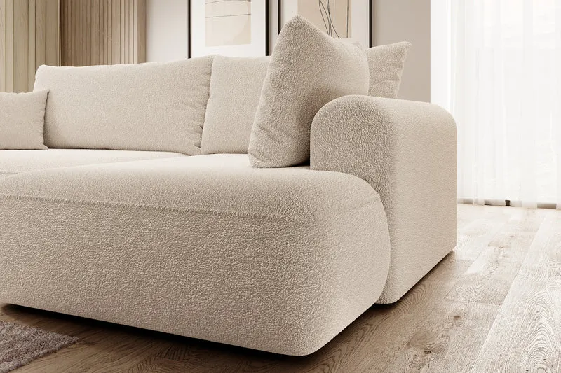 Ecksofa mit Schlaffunktion Ovo, L-förmig, mit Armlehne und Stauraum, beige Bouclé, rechtsseitig