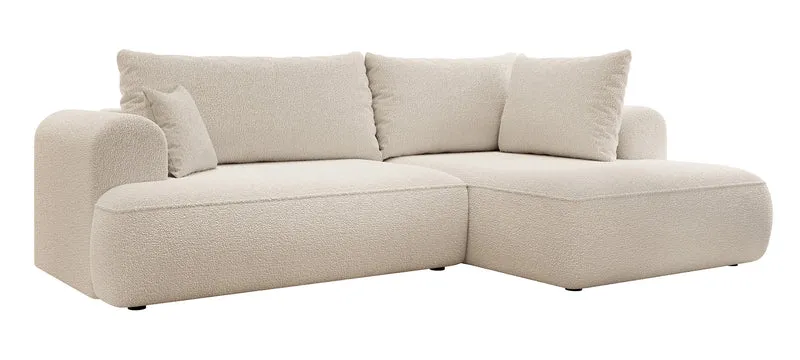 Ecksofa mit Schlaffunktion Ovo, L-förmig, mit Armlehne und Stauraum, beige Bouclé, rechtsseitig