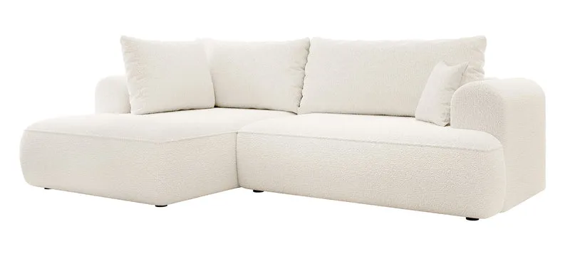 Ecksofa mit Schlaffunktion Ovo, L-förmig, mit Armlehne und Stauraum, cremefarbener Bouclé-Stoff, linksseitig