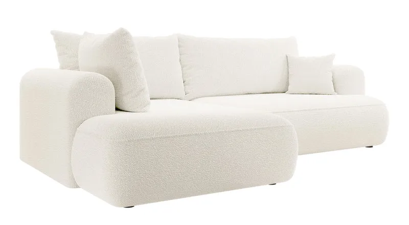 Ecksofa mit Schlaffunktion Ovo, L-förmig, mit Armlehne und Stauraum, cremefarbener Bouclé-Stoff, linksseitig