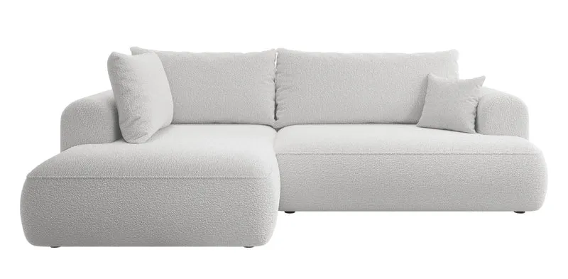 Ecksofa mit Schlaffunktion Ovo, L-förmig, mit Armlehne und Stauraum, grauer Bouclé, linksseitig