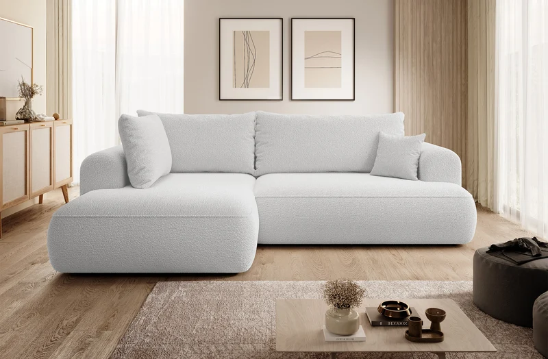 Ecksofa mit Schlaffunktion Ovo, L-förmig, mit Armlehne und Stauraum, grauer Bouclé, linksseitig