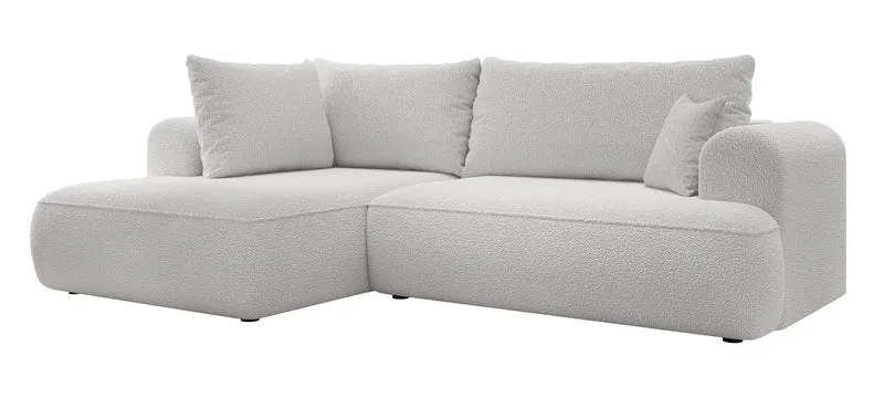 Ecksofa mit Schlaffunktion Ovo, L-förmig, mit Armlehne und Stauraum, grauer Bouclé, linksseitig
