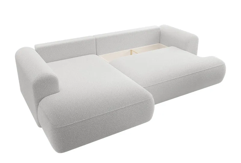 Ecksofa mit Schlaffunktion Ovo, L-förmig, mit Armlehne und Stauraum, grauer Bouclé, linksseitig
