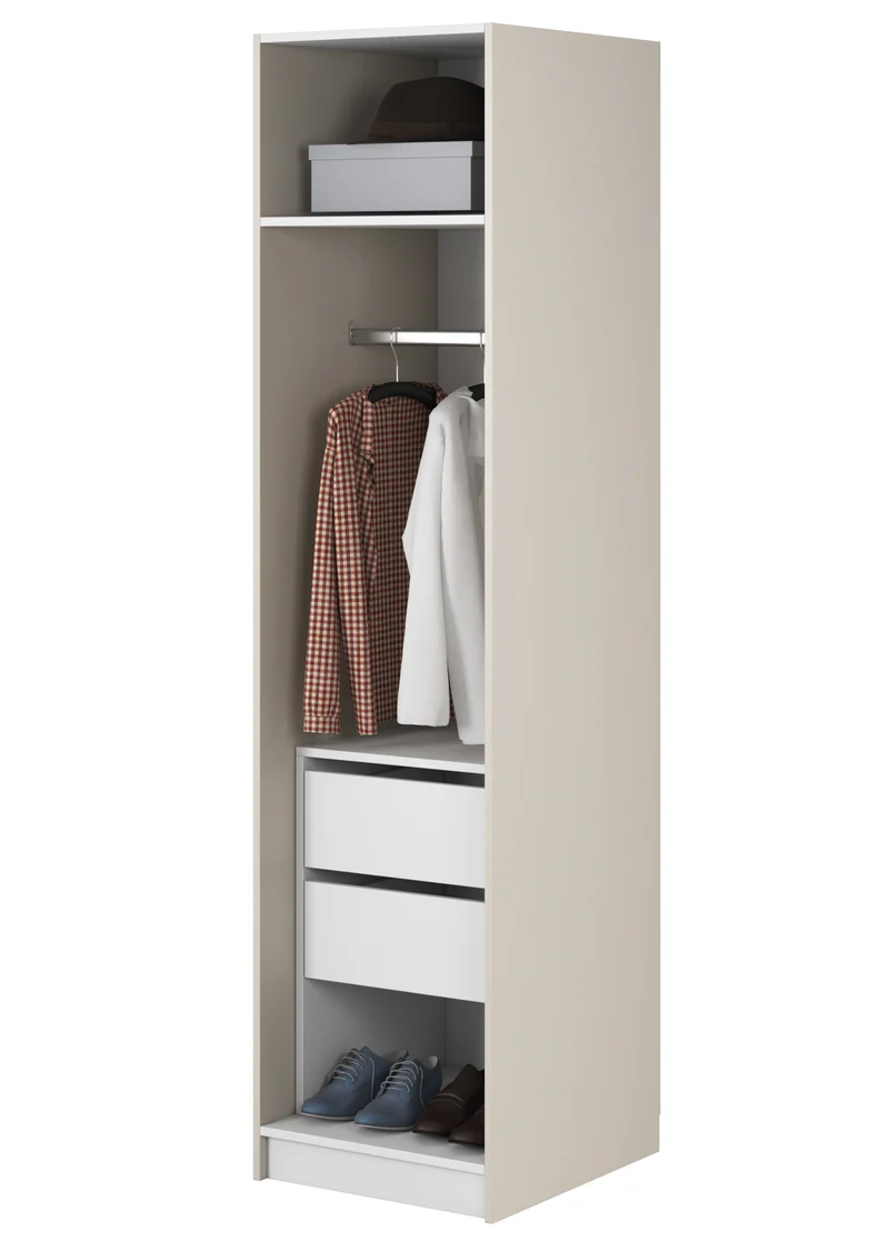 Einzeltüriger Schrank Moonir mit Kleiderstange, Regalen und 50 cm Container, grau-beige