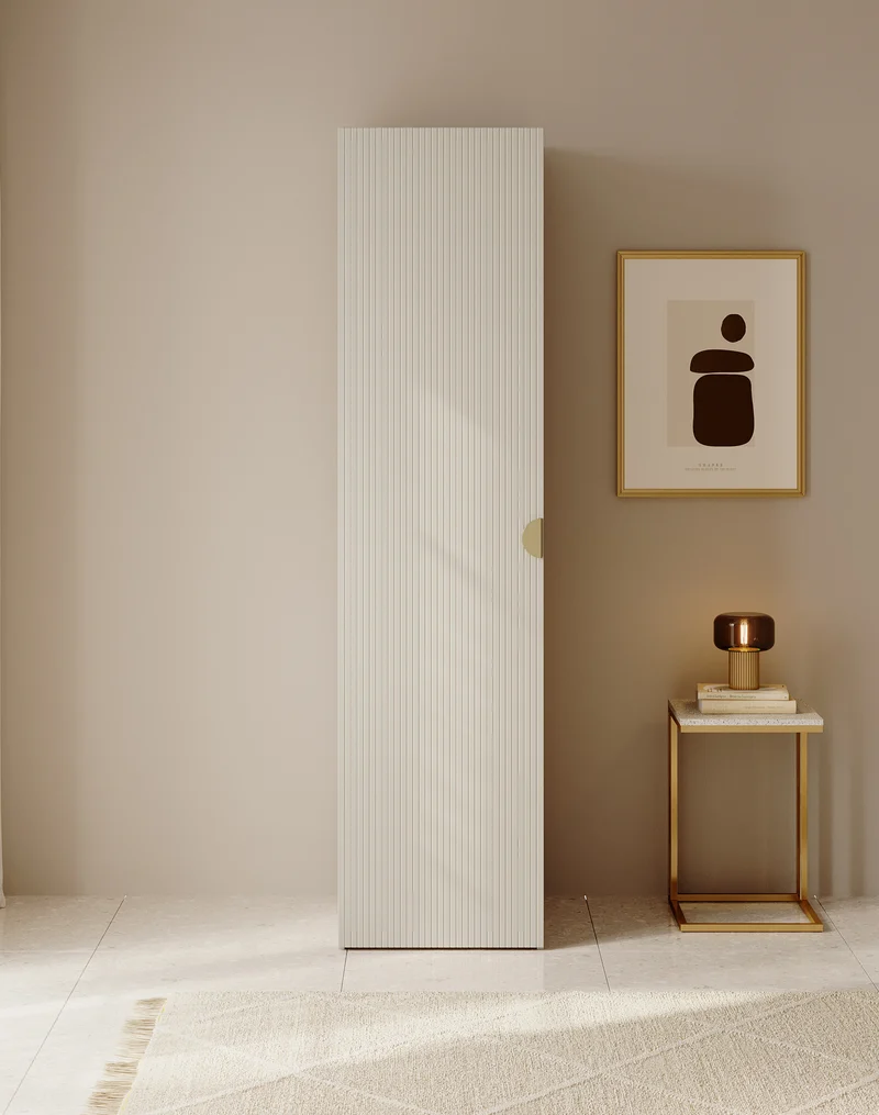 Einschwingiger Schrank Moonir mit 50 cm Regalen Grau Beige