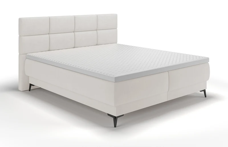 Kontinentalbett 160x200 cm Rektango mit Stauraum und Topper, cremefarbener Samt