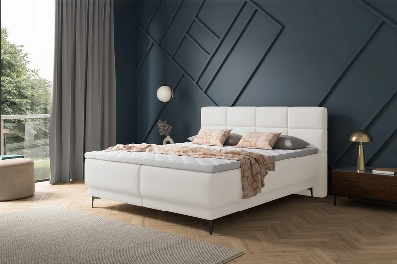 Kontinentalbett 160x200 cm Rektango mit Stauraum und Topper, cremefarbener Samt
