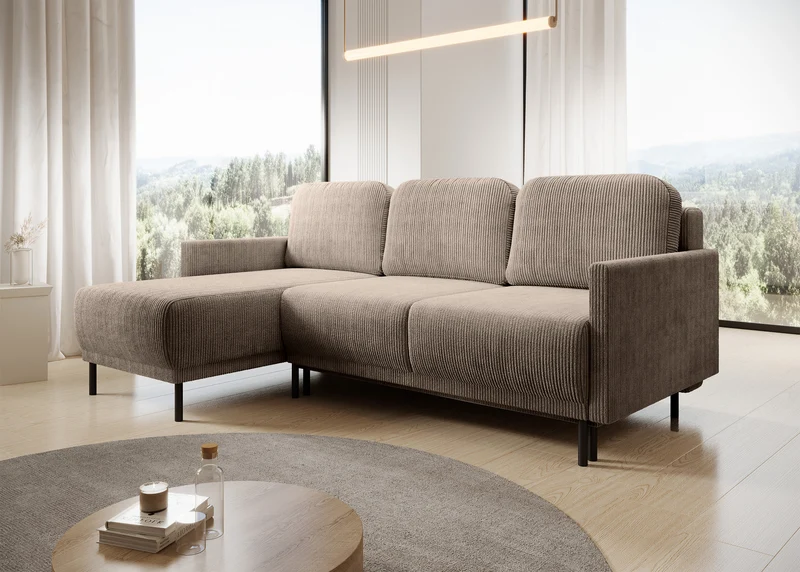 Ausziehbare Eckcouch Hamiel, L-förmig, mit Stauraum, universell, beige Cord