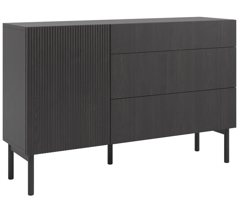 Einzeltür-Kommode Nolie mit drei Schubladen, 140 cm, Portland Esche Schwarz