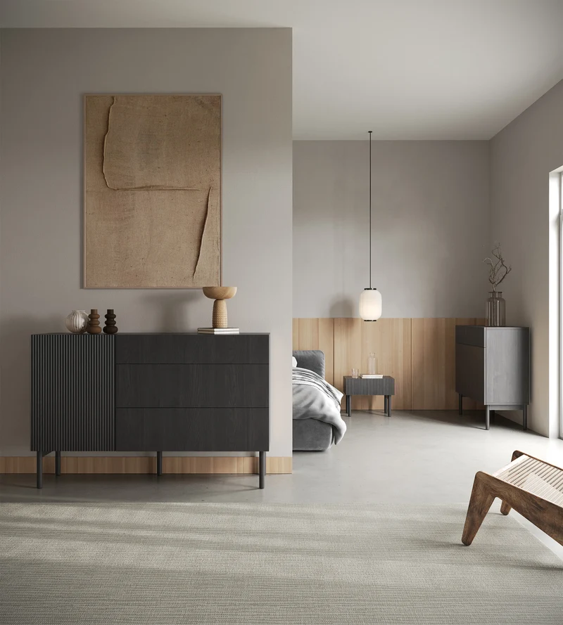 Einzeltür-Kommode Nolie mit drei Schubladen, 140 cm, Portland Esche Schwarz