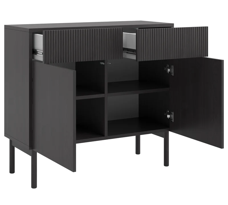 Zweiturige Kommode Nolie mit zwei Schubladen, 100 cm, Portland Esche Schwarz