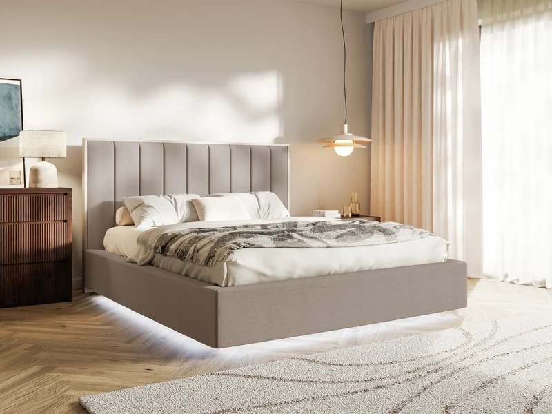 Polsterbett 140x200 cm Togents mit LED-Beleuchtung, brauner hydrophober Chenillestoff