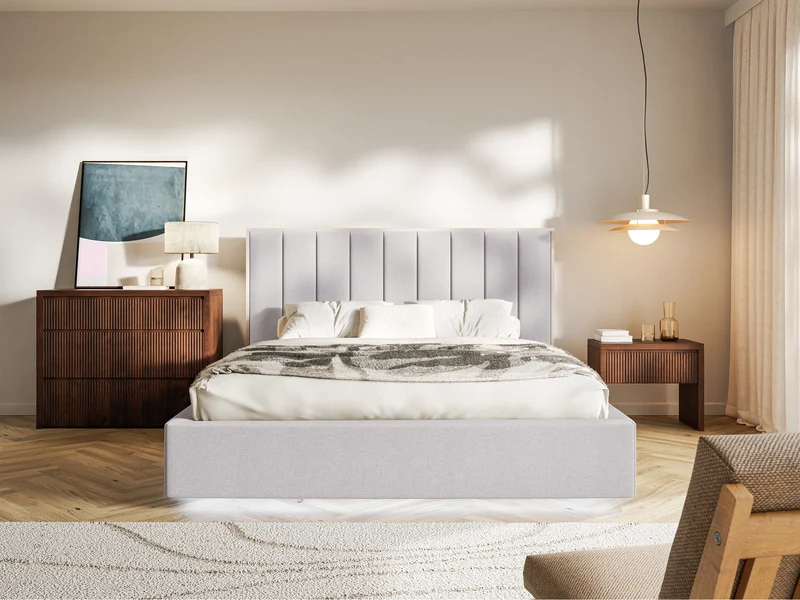 Polsterbett 180x200 cm Togents mit LED-Beleuchtung, grauer hydrophober Chenillestoff