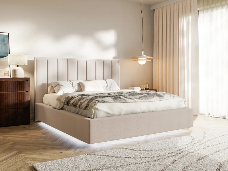Polsterbett 140x200 cm Togents mit Stauraum und LED-Beleuchtung, Metallrahmen, beige hydrophobes Chenille