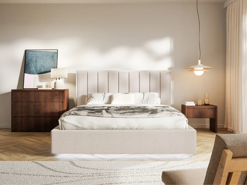 Polsterbett 140x200 cm Togents mit Stauraum und LED-Beleuchtung, Metallrahmen, beige hydrophobes Chenille