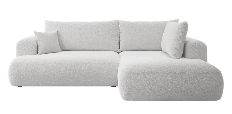Ecksofa mit Schlaffunktion Ovo, L-förmig, mit Armlehne und Stauraum, grauer Bouclé, rechtsseitig