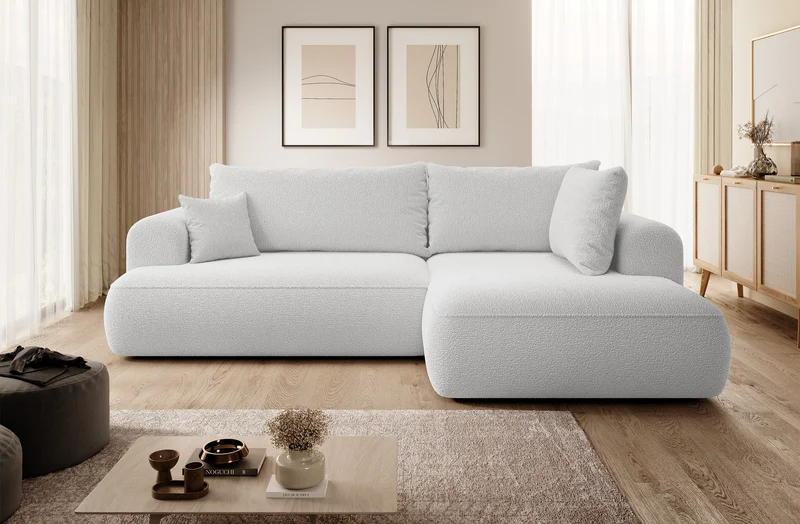 Ecksofa mit Schlaffunktion Ovo, L-förmig, mit Armlehne und Stauraum, grauer Bouclé, rechtsseitig
