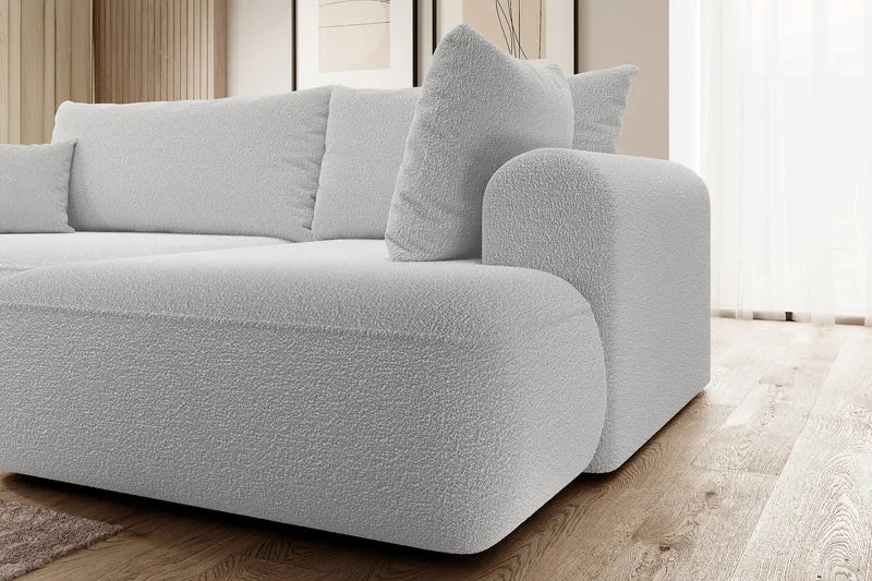 Ecksofa mit Schlaffunktion Ovo, L-förmig, mit Armlehne und Stauraum, grauer Bouclé, rechtsseitig