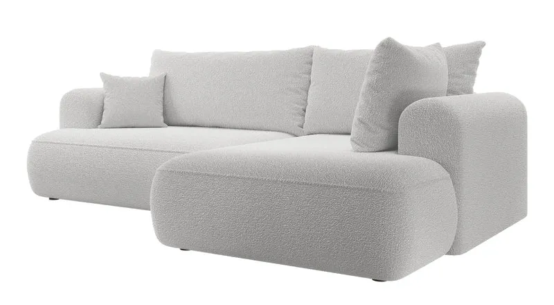 Ecksofa mit Schlaffunktion Ovo, L-förmig, mit Armlehne und Stauraum, grauer Bouclé, rechtsseitig