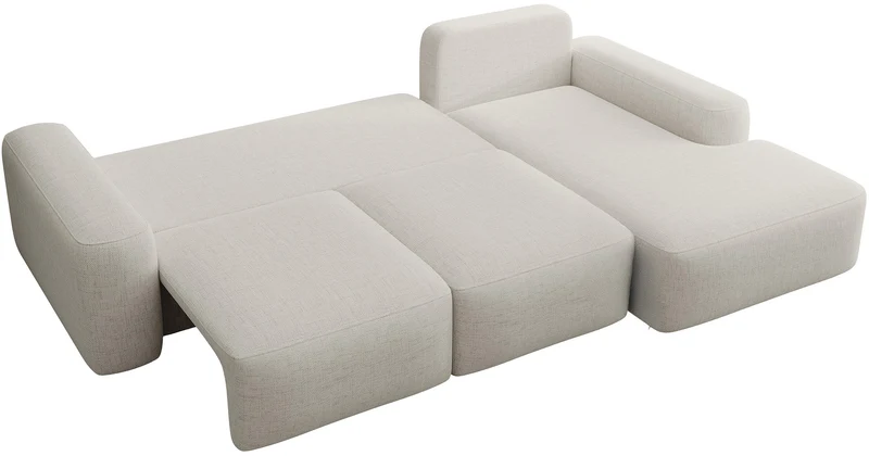 Ecksofa mit Schlaffunktion Carnos, L-förmig mit Ball, einzelne Kissen, cremefarbenes hydrophobes Chenille, rechtsseitig