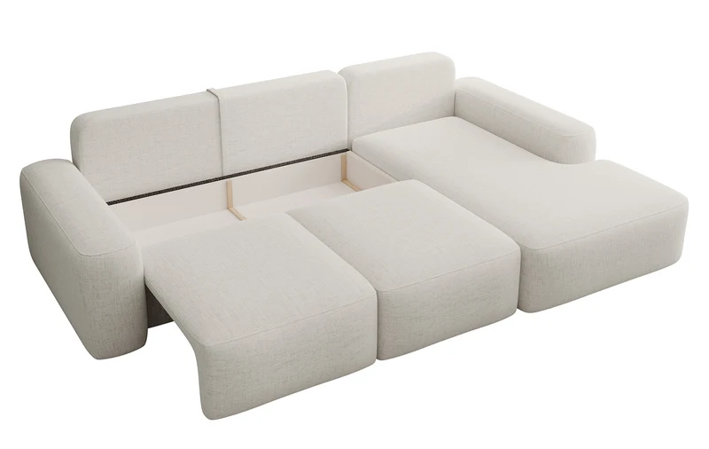 Ecksofa mit Schlaffunktion Carnos, L-förmig mit Ball, einzelne Kissen, cremefarbenes hydrophobes Chenille, rechtsseitig