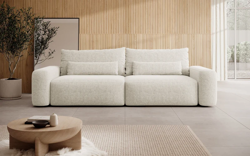 Dreisitziges ausklappbares Sofa Carnos, cremefarben, hydrophober Chenille-Stoff, schwarze Beine