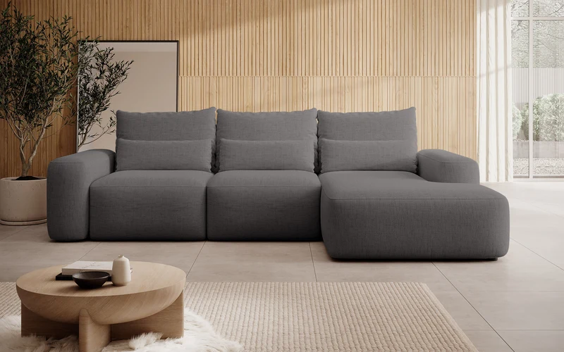 Ecksofa mit Schlaffunktion Carnos, L-förmig, mit zusätzlichen Lendenkissen, dunkelgrauer hydrophober Chenille, rechtsseitig