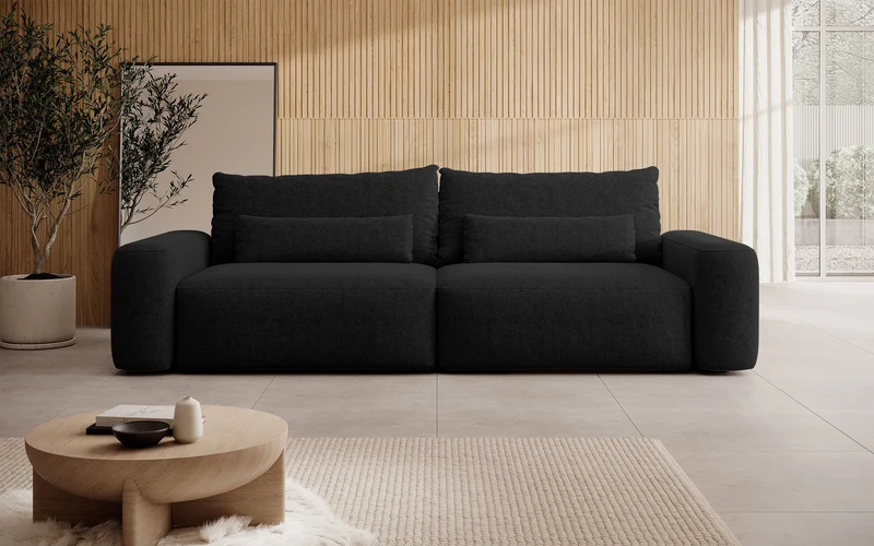Dreisitziges ausklappbares Sofa Carnos, schwarz, hydrophobes Chenille, schwarze Beine