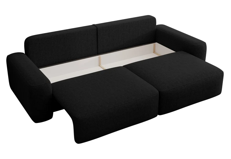 Dreisitziges ausklappbares Sofa Carnos, schwarz, hydrophobes Chenille, schwarze Beine