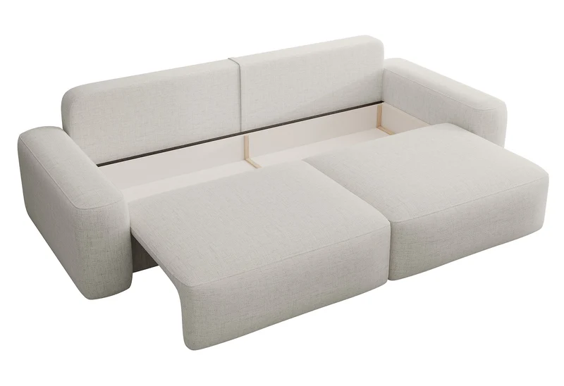 Dreisitziges ausklappbares Sofa Carnos, cremefarben, hydrophober Chenille-Stoff, schwarze Beine